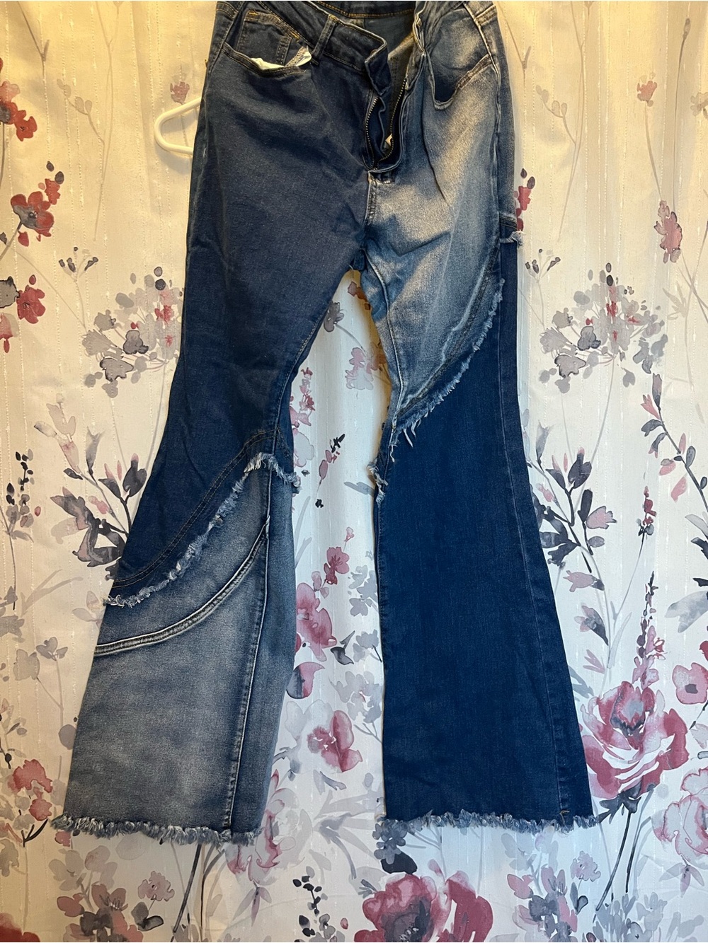 SHEIN Two-Tone Distressed Flare Jeans in Dark & Light Blue